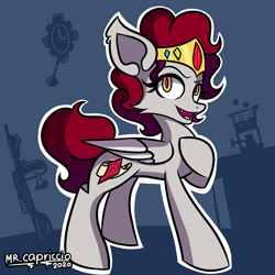 Size: 3000x3000 | Tagged: safe, artist:mrcapriccio, imported from derpibooru, oc, oc:ruby violette, pegasus, pony, abstract background, jewelry, looking at you, ruby, simple background