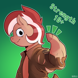 Size: 2000x2000 | Tagged: safe, artist:raph13th, imported from derpibooru, oc, oc only, oc:roulette, earth pony, pony, fallout equestria, buff, clothes, female, flexing, grin, high res, jacket, looking at you, muscles, ripping clothes, simple background, smiling, solo, stronk