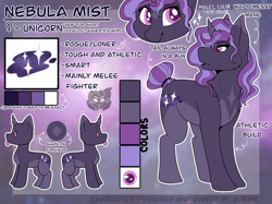 Size: 1366x1024 | Tagged: safe, artist:sursiq, imported from derpibooru, oc, oc only, oc:nebula mist, pony, unicorn, fallout equestria, fallout equestria oc, multicolored hair, multicolored mane, multicolored tail, pink eyes, reference sheet, solo, tail bun