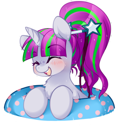 Size: 1100x1157 | Tagged: safe, artist:loyaldis, imported from derpibooru, oc, oc only, oc:zippi, pony, unicorn, chest fluff, commission, cute, eyes closed, female, filly, inner tube, simple background, smiling, solo, transparent background, wet, wet mane, ych result