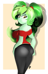 Size: 2400x3700 | Tagged: safe, artist:diamondgreenanimat0, imported from derpibooru, oc, oc:diamondgreen, equestria girls, ass, ass up, breeches, brown eyes, butt, clothes, detailed, equestria girls-ified, eye, eyes, green hair, large butt, orange background, pants, panty line, red shirt, redesign, shadow, simple background, tight clothing, white background