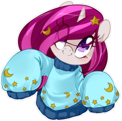 Size: 1008x1000 | Tagged: safe, artist:loyaldis, imported from derpibooru, oc, oc only, oc:zew, pony, unicorn, clothes, commission, cute, female, filly, heart eyes, simple background, smiling, solo, sweater, transparent background, wingding eyes, ych result