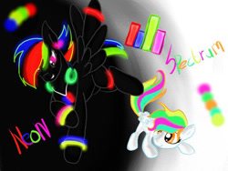 Size: 640x480 | Tagged: safe, artist:stepzzi, imported from derpibooru, oc, oc:neon, oc:spectrum, pegasus, pony, brother and sister, darkness, duo, female, headphones, light, male, multicolored hair, neon, pegasus oc, siblings, wings