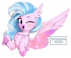 Size: 2498x2030 | Tagged: safe, artist:spoosha, imported from derpibooru, silverstream, classical hippogriff, hippogriff, seapony (g4), bust, cute, diastreamies, female, fins, freckles, mid-transformation, one eye closed, open mouth, seapony silverstream, simple background, solo, transformation, white background, wings, wink