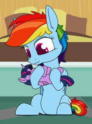 Size: 970x1300 | Tagged: safe, artist:dacaoo, imported from derpibooru, rainbow dash, twilight sparkle, alicorn, pony, cute, dashabetes, female, implied lesbian, implied shipping, implied twidash, plushie, twilight sparkle (alicorn), twilight sparkle plushie