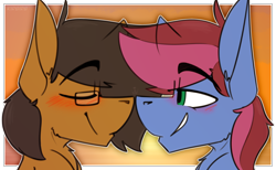 Size: 1576x971 | Tagged: safe, artist:kirbirb, imported from derpibooru, oc, oc only, oc:blue petal, oc:notetaker, earth pony, pony, blushing, boop, duo, gay, glasses, male, nuzzling, stallion, sunset