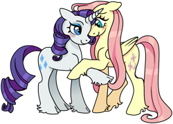 Size: 734x525 | Tagged: safe, artist:atlantropa, imported from derpibooru, fluttershy, rarity, pegasus, pony, unicorn, blushing, cloven hooves, female, flarity, hoof fluff, lesbian, mare, shipping, simple background, transparent background