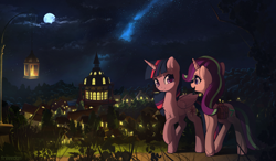 Size: 3423x2000 | Tagged: safe, artist:freeedon, imported from derpibooru, starlight glimmer, twilight sparkle, alicorn, pony, unicorn, chest fluff, commission, duo, female, lantern, looking at each other, mare, moon, night, ponyville, ponyville town hall, scenery, smiling, stars, twilight sparkle (alicorn), walking