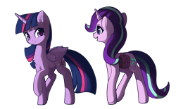 Size: 2251x1394 | Tagged: safe, artist:freeedon, imported from derpibooru, starlight glimmer, twilight sparkle, alicorn, pony, unicorn, bag, duo, duo female, female, raised hoof, saddle bag, simple background, smiling, transparent background, twilight sparkle (alicorn)