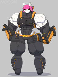 Size: 2550x3367 | Tagged: safe, artist:mopyr, imported from derpibooru, oc, oc only, oc:fort, anthro, hybrid, original species, abs, black sclera, clothes, evening gloves, female, gauntlet, gloves, long gloves, muscles, outfit, overdeveloped muscles, pouch, skintight clothes, solo, stockings