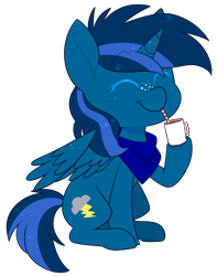 Size: 1908x2424 | Tagged: safe, artist:jetjetj, imported from derpibooru, part of a set, oc, oc only, oc:lightning charge, pegasus, pony, bandana, chibi, chocolate, clothes, commission, cute, drinking, female, food, hot chocolate, mare, mug, neckerchief, simple background, smiling, solo, transparent background, ych result