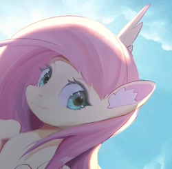 Size: 1781x1742 | Tagged: safe, artist:amo, imported from derpibooru, fluttershy, pegasus, pony, bust, cute, ear fluff, female, looking at you, portrait, sky, smiling, solo, spread wings, wings