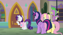 Size: 1920x1080 | Tagged: safe, imported from derpibooru, screencap, fluttershy, rarity, spike, twilight sparkle, alicorn, dragon, pony, the ending of the end, bag, butt, plot, saddle bag, twilight sparkle (alicorn), winged spike, wings