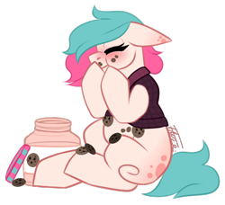Size: 544x496 | Tagged: safe, artist:inspiredpixels, imported from derpibooru, oc, oc only, oc:wyrenth knute, pony, chibi, cookie, cookie jar, female, food, mare, simple background, solo, transparent background