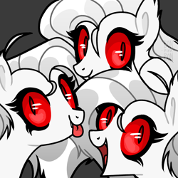 Size: 4000x4000 | Tagged: safe, artist:bonpikabon, imported from derpibooru, demon, demon pony, earth pony, original species, pony, :p, black background, cerberus (helltaker), colored sclera, crossover, female, helltaker, mare, mlem, open mouth, ponified, red eyes, silly, simple background, slit pupils, smiling, tongue out, trio