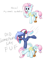 Size: 4557x6115 | Tagged: safe, artist:sheeppony, imported from derpibooru, kerfuffle, oc, oc:bit rate, earth pony, pegasus, pony, 2 panel comic, absurd resolution, comic, dialogue, duo, earth pony oc, fuf, oof, raised hoof, simple background, white background