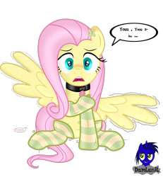 Size: 3840x4154 | Tagged: safe, artist:damlanil, imported from derpibooru, fluttershy, pegasus, pony, blushing, clothes, collar, cute, cutie mark accessory, cutie mark collar, embarrassed, female, front view, latex, makeup, mare, mouth hold, raised hoof, rubber, shiny, shiny mane, show accurate, shyabetes, simple background, sitting, smiling, socks, solo, striped socks, transparent background, vector, wings