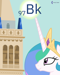 Size: 4000x5000 | Tagged: safe, artist:parclytaxel, imported from derpibooru, princess celestia, alicorn, pony, series:joycall6's periodic table, .svg available, absurd resolution, berkelium, bust, chemistry, crown, female, jewelry, looking up, mare, periodic table, portrait, regalia, sather tower, sky, smiling, solo, sun, uc berkeley, university, vector