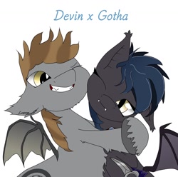 Size: 1200x1192 | Tagged: source needed, safe, artist:scretchqensy, imported from derpibooru, oc, oc only, oc:devin, oc:gotha, bat pony, pony, cute, female, hug, male, oc x oc, shipping, simple background, smiling, straight, white background