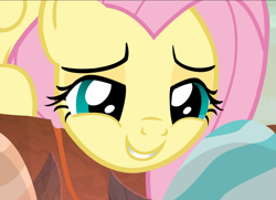 Size: 1293x936 | Tagged: safe, imported from derpibooru, screencap, fluttershy, pegasus, pony, sweet and smoky, close-up, cropped, cute, female, lidded eyes, shyabetes, smiling, solo