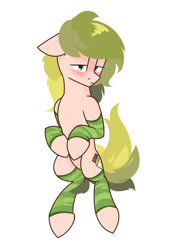 Size: 1250x1800 | Tagged: safe, artist:wellory, imported from derpibooru, oc, oc only, oc:pickle jar, earth pony, pony, blushing, clothes, cute, female, simple background, socks, solo, striped socks, white background