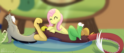 Size: 3396x1454 | Tagged: safe, artist:eveeka, imported from derpibooru, discord, fluttershy, draconequus, pegasus, pony, bellyrubs, cute, discoshy, discute, eyes closed, female, happy, love, male, shipping, straight