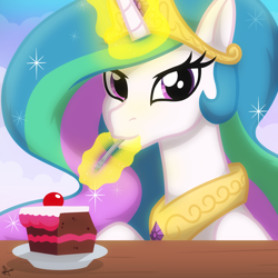 Size: 2048x2048 | Tagged: safe, artist:whitequartztheartist, imported from derpibooru, princess celestia, alicorn, pony, cake, cakelestia, crown, cute, cutelestia, diamond, eating, female, food, glowing horn, horn, jewelry, looking at you, magic, mare, regalia, solo, table, that pony sure does love cakes, wings