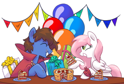 Size: 5760x3908 | Tagged: safe, artist:virtualkidavenue, imported from derpibooru, oc, oc only, oc:bizarre song, oc:sugar morning, balloon, birthday, cake, cape, clothes, couple, eating, food, gift art, gift box, happy, pie, pizza, present, simple background, transparent background