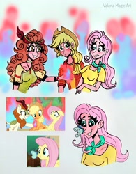 Size: 2967x3796 | Tagged: safe, artist:valeriamagicart, imported from derpibooru, screencap, applejack, autumn blaze, fluttershy, butterfly, earth pony, human, kirin, pegasus, pony, sounds of silence, butterfly on nose, humanized, insect on nose, scene interpretation, screencap reference