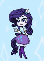 Size: 1311x1840 | Tagged: safe, artist:ameliacostanza, imported from derpibooru, rarity, equestria girls, blue background, bracelet, clothes, cute, female, jewelry, lipstick, ponied up, raribetes, sassy, simple background, skirt, solo