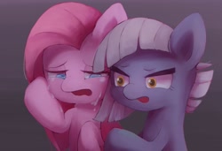 Size: 1280x878 | Tagged: safe, artist:lexiedraw, imported from derpibooru, limestone pie, pinkie pie, earth pony, pony, crying, duo, female, pinkamena diane pie, sad, siblings, simple background, sisters