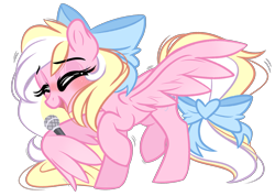 Size: 2869x2048 | Tagged: safe, artist:emberslament, imported from derpibooru, oc, oc only, oc:bay breeze, pegasus, pony, blushing, bow, cute, dancing, eyes closed, female, hair bow, mare, microphone, ocbetes, simple background, singing, solo, tail bow, thick eyelashes, transparent background, wing hands, wings