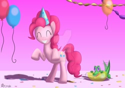 Size: 1280x905 | Tagged: safe, artist:petrus-c-visagie, imported from derpibooru, gummy, pinkie pie, crocodile, earth pony, pony, balloon, deviantart watermark, duo, eyes closed, female, happy, mare, obtrusive watermark, smiling, tail wag, watermark