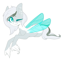 Size: 1749x1681 | Tagged: safe, artist:helemaranth, imported from derpibooru, oc, oc only, pony, butterfly wings, hoof fluff, one eye closed, simple background, smiling, solo, transparent background, wings, wink