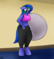 Size: 2022x2210 | Tagged: safe, artist:the-furry-railfan, imported from derpibooru, oc, oc only, oc:felicity stars, anthro, pegasus, unguligrade anthro, clothes, confused, exercise ball, indoors, pants, this will end in balloons, yoga, yoga pants