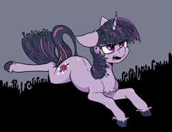 Size: 3874x2953 | Tagged: safe, artist:paskanaakka, derpibooru exclusive, imported from derpibooru, mean twilight sparkle, twilight sparkle, pony, unicorn, abstract background, angry, colored hooves, female, lying down, prone, solo, unicorn twilight, unshorn fetlocks