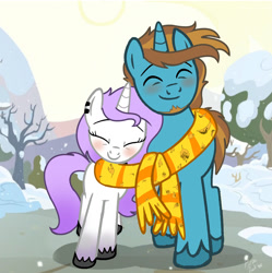 Size: 1392x1396 | Tagged: safe, artist:pizza lord, edit, edited screencap, imported from derpibooru, screencap, oc, oc only, oc:drizzle dots, oc:julie, pony, unicorn, the perfect pear, clothes, couple, redraw, scarf, shared clothing, shared scarf, shipping, snow, winter