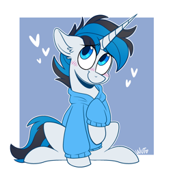 Size: 2048x2048 | Tagged: safe, artist:wutanimations, imported from derpibooru, oc, oc:solar gizmo, pony, unicorn, blushing, clothes, cute, hoodie, male, smiling, solo, stallion