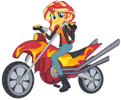 Size: 1024x848 | Tagged: safe, artist:emeraldblast63, imported from derpibooru, sunset shimmer, equestria girls, boots, clothes, female, gloves, motorcross, motorcycle, shoes, simple background, solo, sunset shimmer day, transparent background, vector