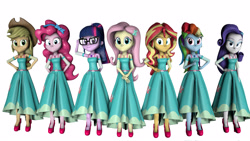 Size: 3840x2160 | Tagged: safe, artist:fazbearsparkle, imported from derpibooru, applejack, fluttershy, pinkie pie, rainbow dash, rarity, sci-twi, sunset shimmer, twilight sparkle, equestria girls, equestria girls series, 3d, clothes, clothes swap, dress, female, humane five, humane seven, humane six, long skirt, looking at you, simple background, skirt, source filmmaker