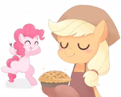 Size: 2048x1643 | Tagged: dead source, safe, artist:arrow__root, artist:ginmaruxx, imported from derpibooru, applejack, pinkie pie, earth pony, pony, apron, bipedal, clothes, cute, diapinkes, duo, eyes closed, female, food, fork, headscarf, hoof hold, jackabetes, mare, open mouth, oven mitts, pie, scarf, simple background, smiling, white background