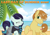 Size: 2064x1445 | Tagged: safe, anonymous artist, imported from derpibooru, coloratura, feather bangs, earth pony, pony, beach, cloud, colorabangs, crack shipping, female, lyrics in the description, male, mare, ocean, one eye closed, palm tree, shipping, sky, smiling, stallion, straight, summer, sun, tree, tropical, wink, youtube link, youtube link in the description