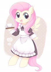 Size: 1453x2048 | Tagged: dead source, safe, artist:arrow__root, artist:ginmaruxx, imported from derpibooru, fluttershy, pegasus, pony, semi-anthro, bipedal, blushing, clothes, coaster, cup, cute, daaaaaaaaaaaw, dress, female, fluttermaid, happy, looking at you, maid, mare, open mouth, shyabetes, solo, teacup, weapons-grade cute