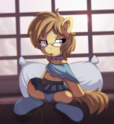 Size: 1290x1411 | Tagged: safe, artist:anonbelle, imported from derpibooru, oc, oc only, oc:dawnsong, earth pony, pony, clothes, commission, female, glasses, pillow, skirt, socks