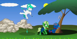 Size: 1160x600 | Tagged: safe, imported from derpibooru, oc, oc:elvi, oc:hellfire, pegasus, pony, unicorn, pony creator, axe, battle axe, cloak, clothes, colt, day, eyes closed, fantasy, female, kisekae, male, mare, sleeping, spear, tree, weapon, wizard, young