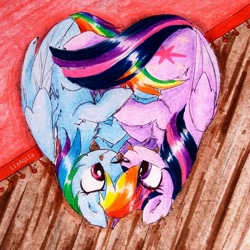 Size: 1024x1024 | Tagged: safe, artist:liaaqila, imported from derpibooru, rainbow dash, twilight sparkle, alicorn, pegasus, pony, commission, female, lesbian, shipping, traditional art, twidash, twilight sparkle (alicorn)