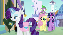 Size: 1920x1080 | Tagged: safe, imported from derpibooru, screencap, fluttershy, rarity, spike, twilight sparkle, alicorn, dragon, pony, the ending of the end, bag, saddle bag, thread, twilight sparkle (alicorn), winged spike, wings