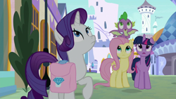 Size: 1920x1080 | Tagged: safe, imported from derpibooru, screencap, fluttershy, rarity, spike, twilight sparkle, alicorn, dragon, pony, the ending of the end, bag, saddle bag, twilight sparkle (alicorn), winged spike, wings