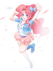 Size: 768x1024 | Tagged: safe, alternate version, artist:rino11828834, artist:yuan-rino, imported from derpibooru, pinkie pie, human, equestria girls, alternate hairstyle, bow, clothes, confetti, cute, diapinkes, female, hair bow, human coloration, humanized, open mouth, ponytail, simple background, skirt, solo, white background