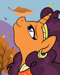 Size: 1536x1928 | Tagged: safe, artist:sjart117, imported from derpibooru, saffron masala, pony, unicorn, autumn, bandage, clothes, ear piercing, earring, female, headband, jewelry, leaf, leaves, looking up, mare, mountain, piercing, sky, smiling, solo, tree